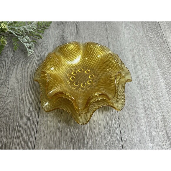 Set Of 3 Vintage Amber Gold Ruffled Edge Waffle Bowls Colony Glass? 7” And 5” - Picture 3 of 9